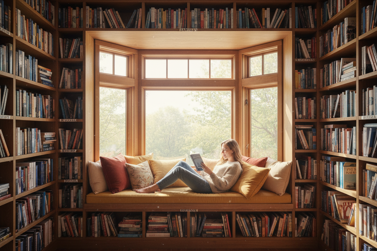 Bright sun-filled reading room with woman in bay window