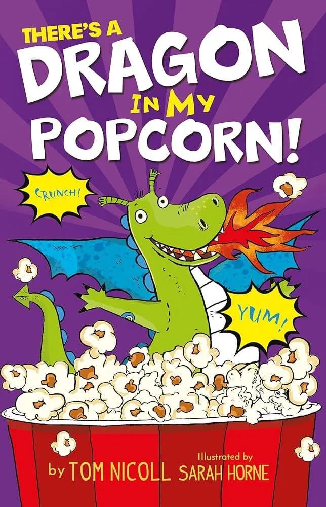 Colorful children's book cover showing cartoon dragon character with popcorn, fun adventure story by Tom Nicoll with bright illustrations
